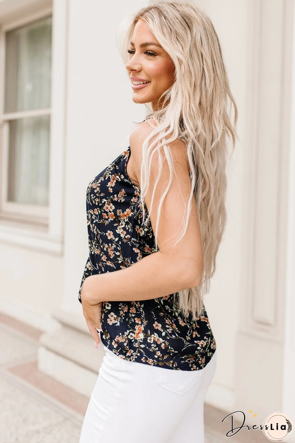 Floral Print Cutout Round Neck Tank Top