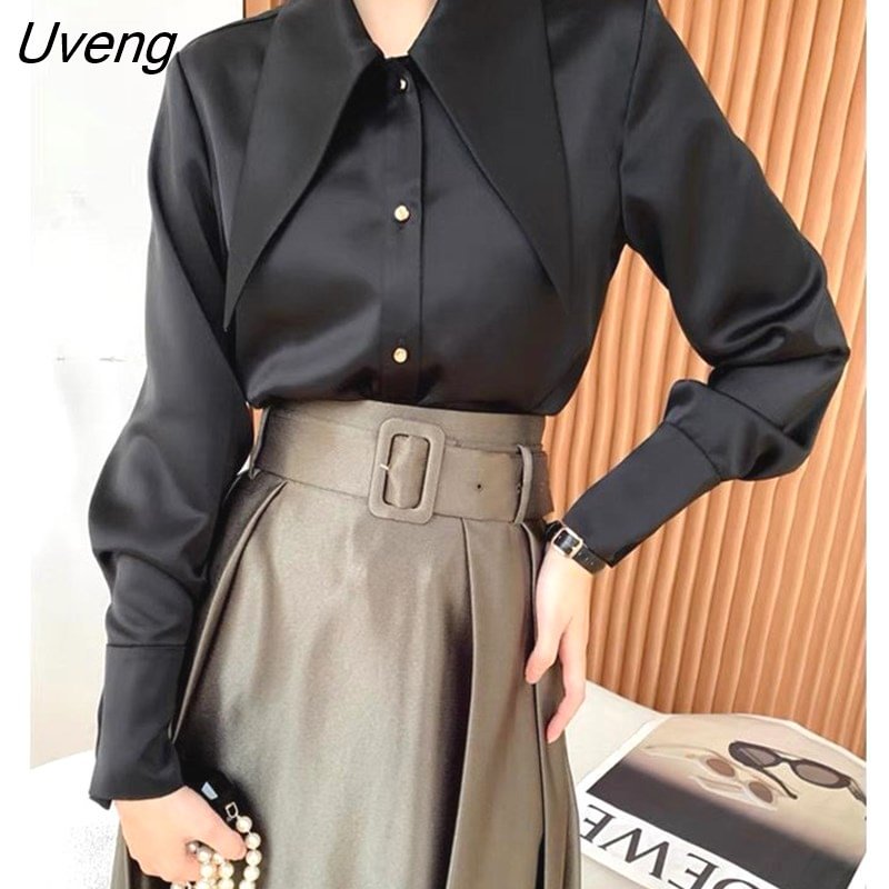 Uveng Sleeve White Satin Blouse Women Autumn Fashion Loose Vintage Button Shirt Women Clothing Korean Chic Lapel Office Lady Tops