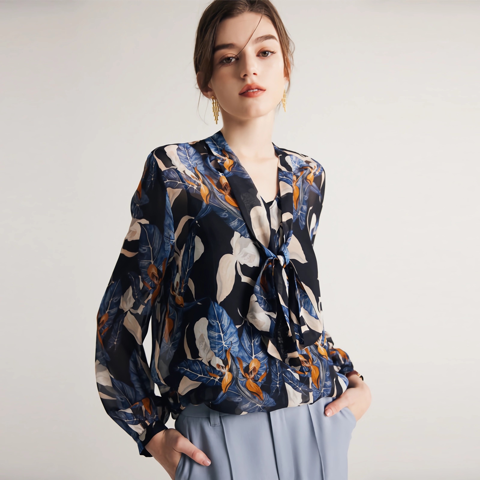 Crepe Silk Blouse Shirt Blue Floral For Women REAL SILK LIFE
