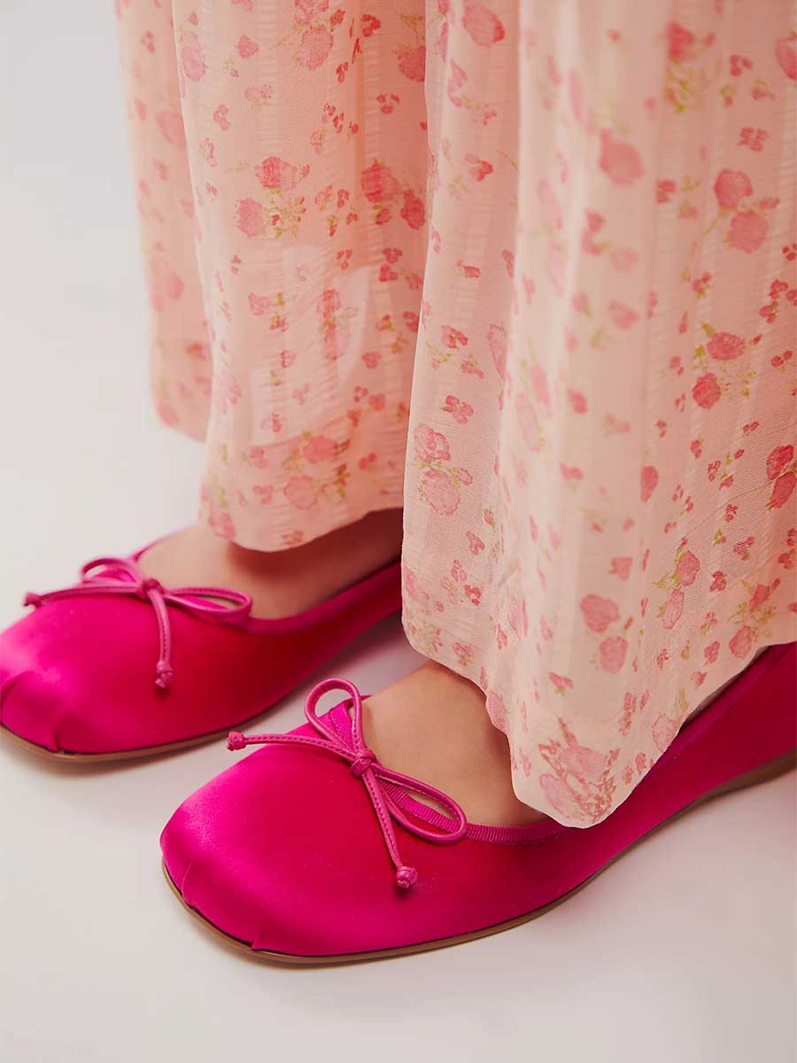 Trendy Hot Pink Satin Square Toe Slip-On Ballet Flats with Bow