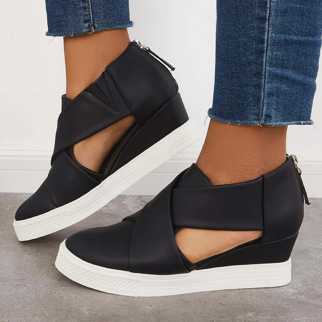 Casual Wedge Sneakers Platform Crisscross Cut Out Shoes