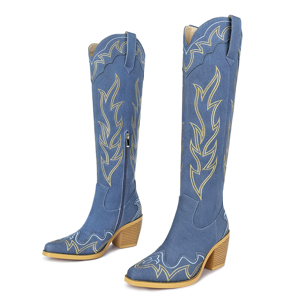 Blue Denim Snip Toe Flame Embroidered Heeled Knee High Cowgirl Boots Nicepairs