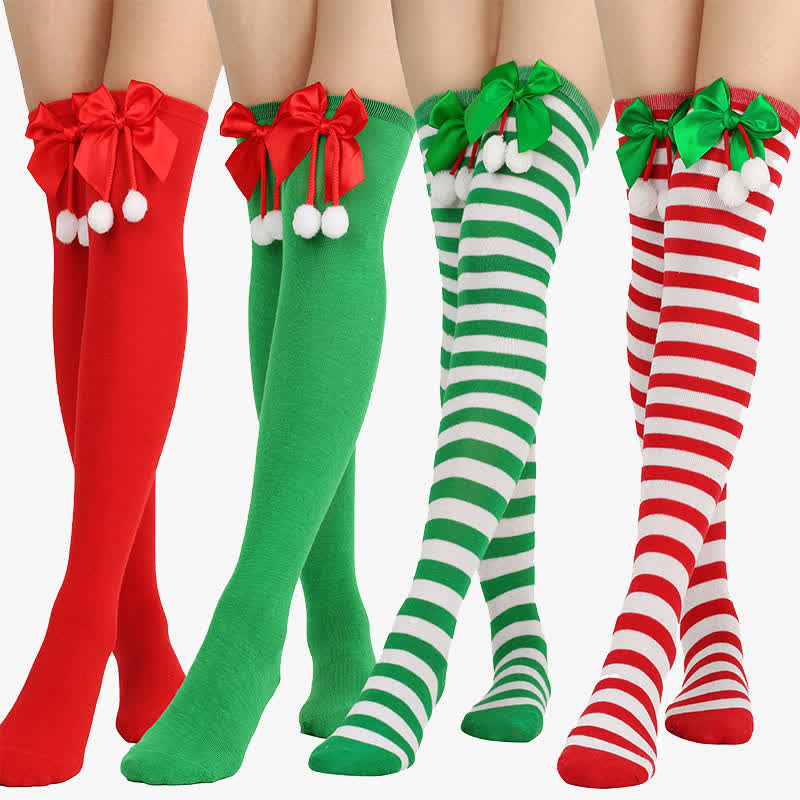 Bow Knot Fuzzy Ball Stripe Christmas Stockings Over the Knee
