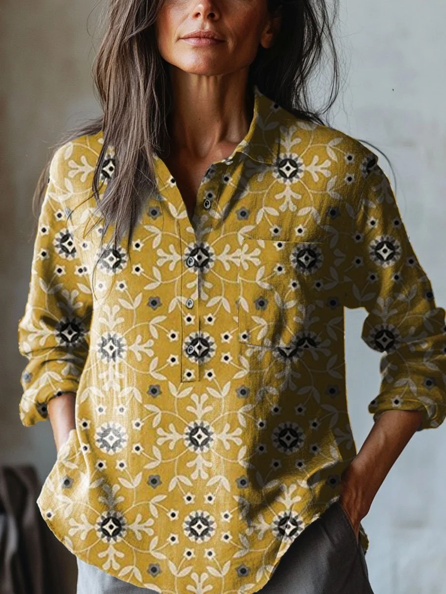 Women's  Flowers Art Print  Casual Cotton And Linen Shirt