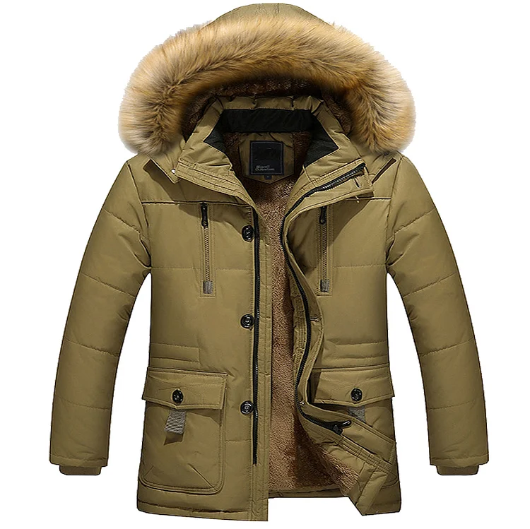 Men's Winter Mid-length Fleece Thickened Windproof Warm Hooded Down Jacket