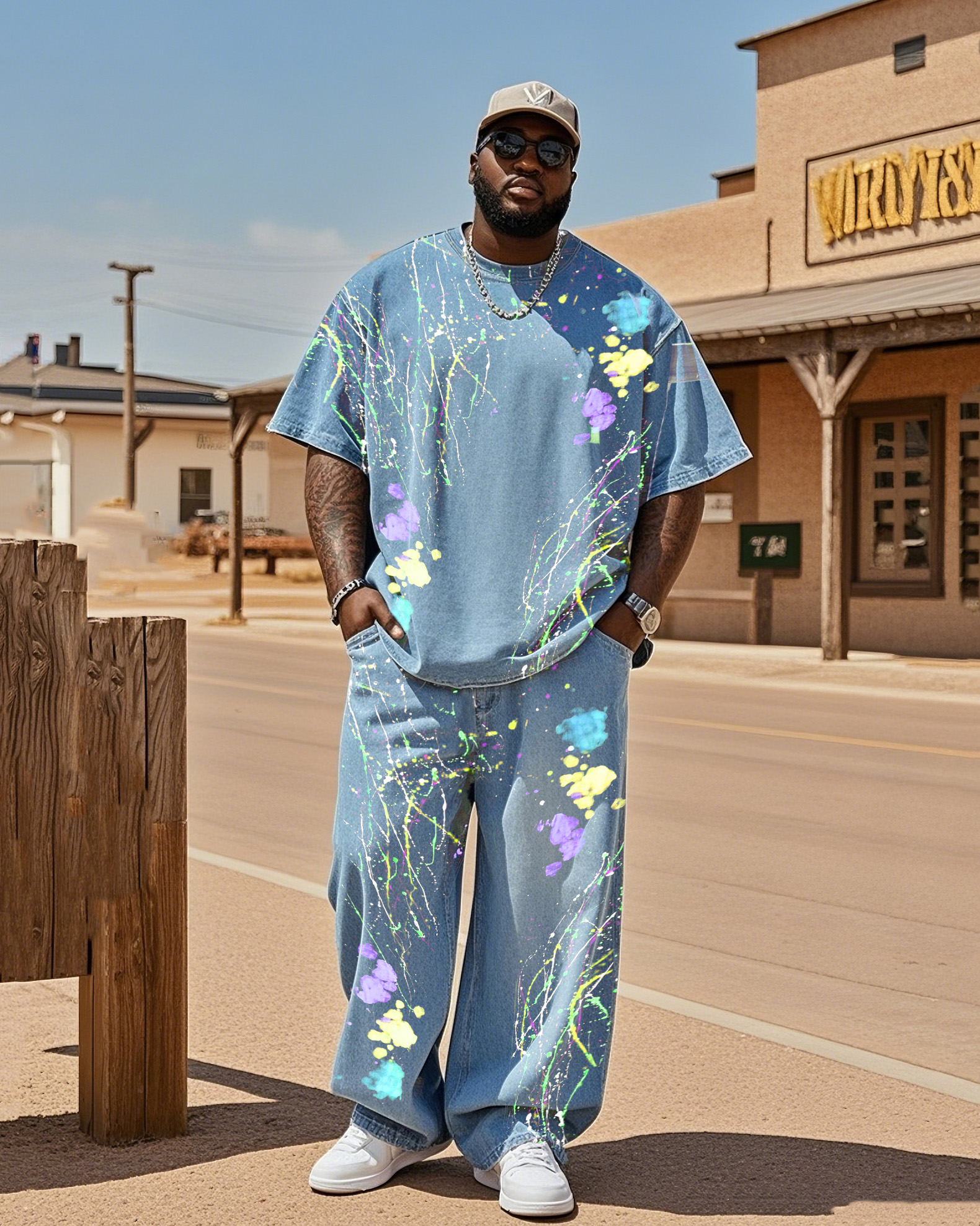 Plus Size Men's Street Fashion Paint Color Splash Ink Denim T-shirt Pants Suit