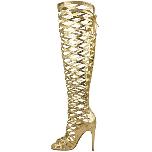 Gold Peep Toe Hollow-Out Gladiator Sandals with Stiletto Heels Nicepairs