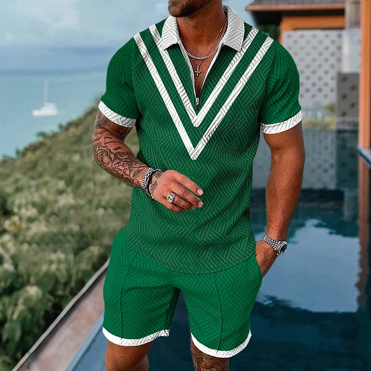 Men's casual green geometric print Polo suit
