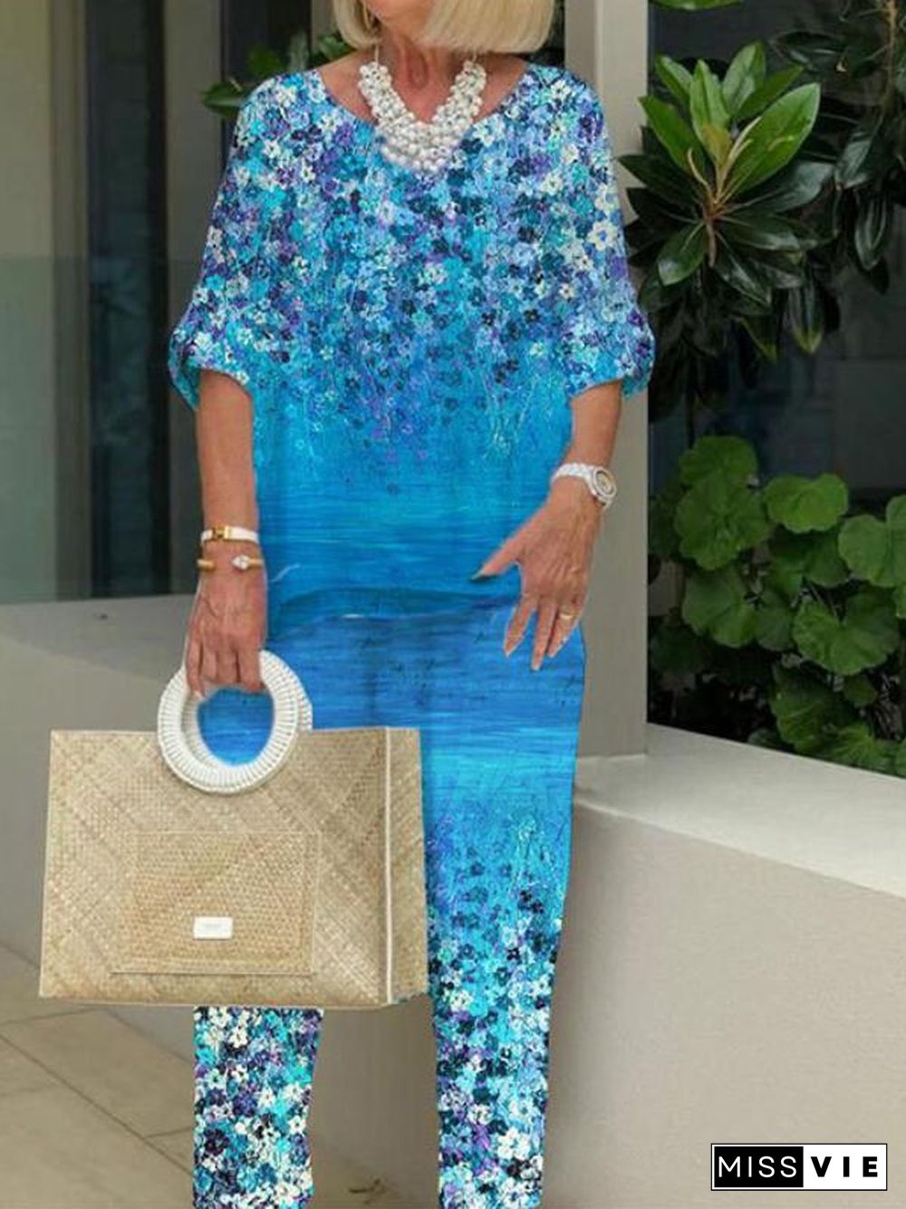 Dip Dye Floral Pattern Women Two Pieces Set