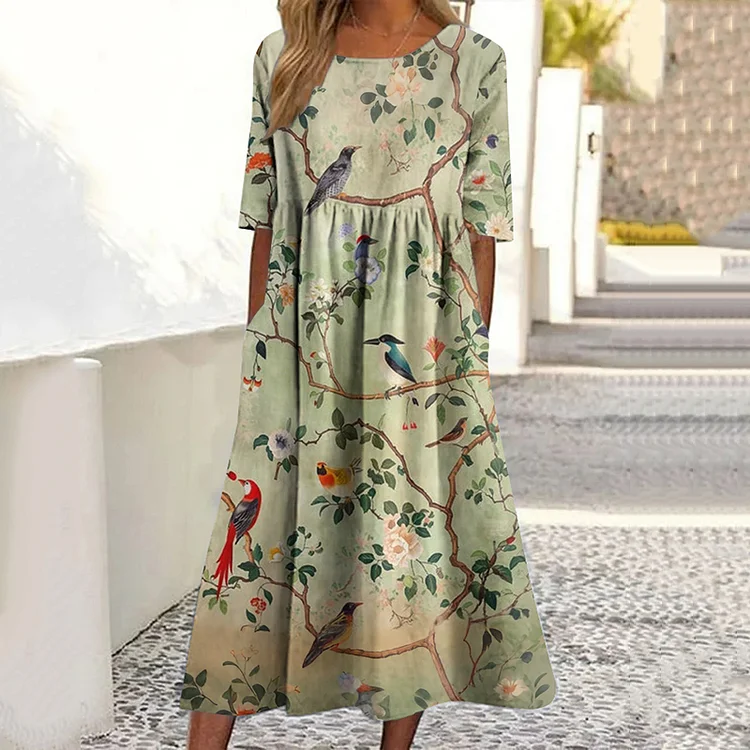 Simpfit Lockeres Midikleid mit japanischem Blumen- und Vogel-Kunstdruck und Rundhalsausschnitt