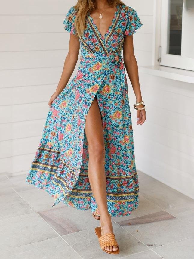 Bohemian Lace-Up Short Sleeve V-Neck Printed Dress