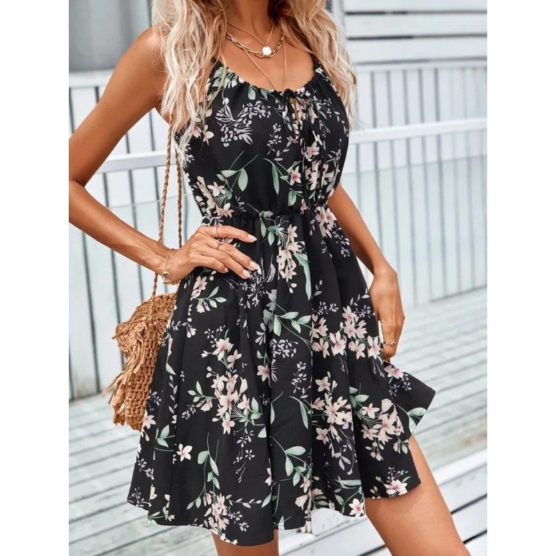 Women's Summer New Round Neck Sleeveless Pullover Printed Backless Dress