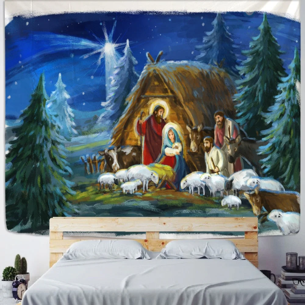 Christmas Village Wooden House Tapestry Ice And Snow Style Wall Hanging Merry Christmas Tapestry For Home Deco Christmas Gift