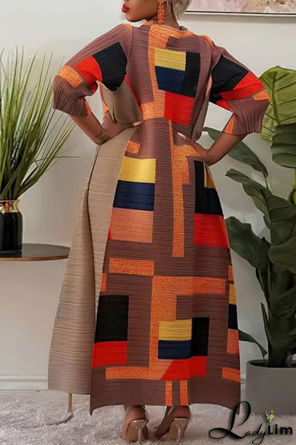 Light Coffee Street Geometric Print Patchwork O Neck Long Dress Dresses