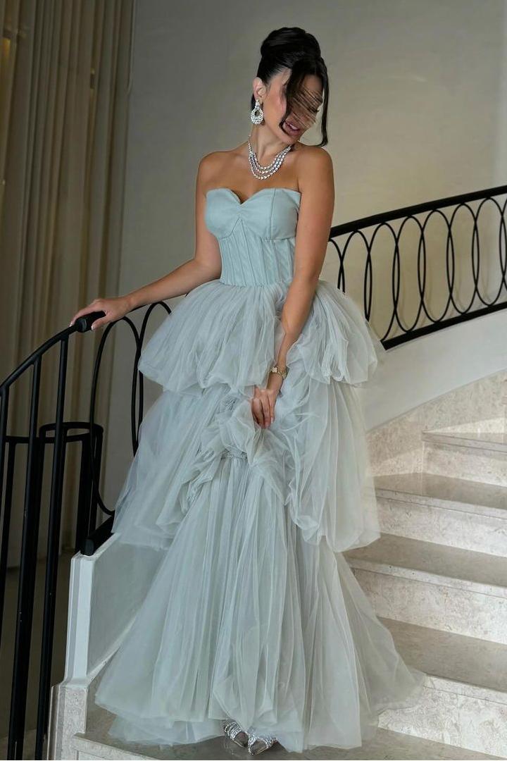 Oknass Shinning Tulle Strapless Sweetheart Sleeveless Long Prom Dress 