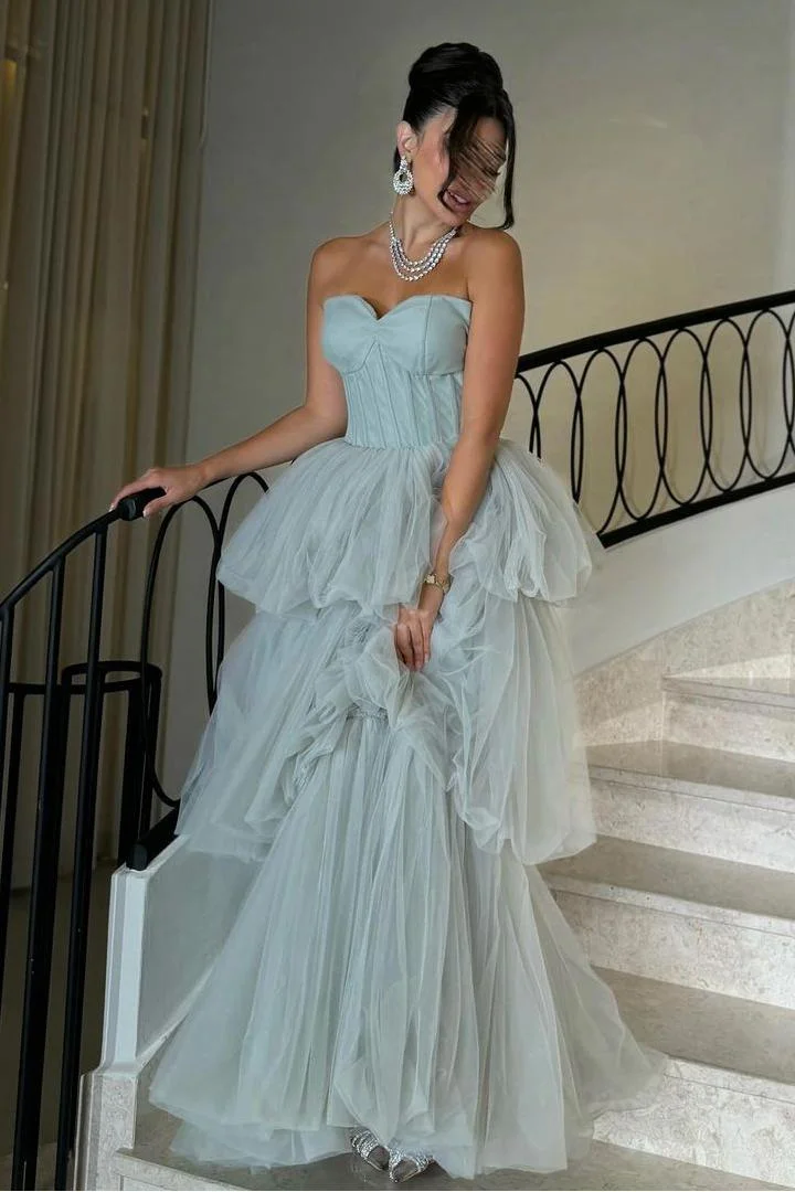  Shinning Tulle Strapless Sweetheart Sleeveless Long Prom Dress XJ0284