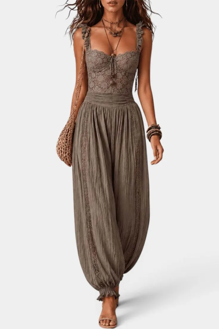 Lace Bodice with Ruffled Straps and Flowing Balloon Trousers