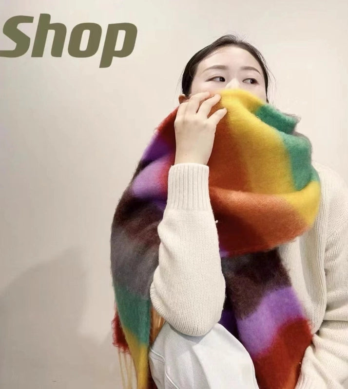 Latest Mohair Striped Tassel Scarf Fashion Geometric Gradient Shawl Japanese And Korean Versatile Thickened Scarf