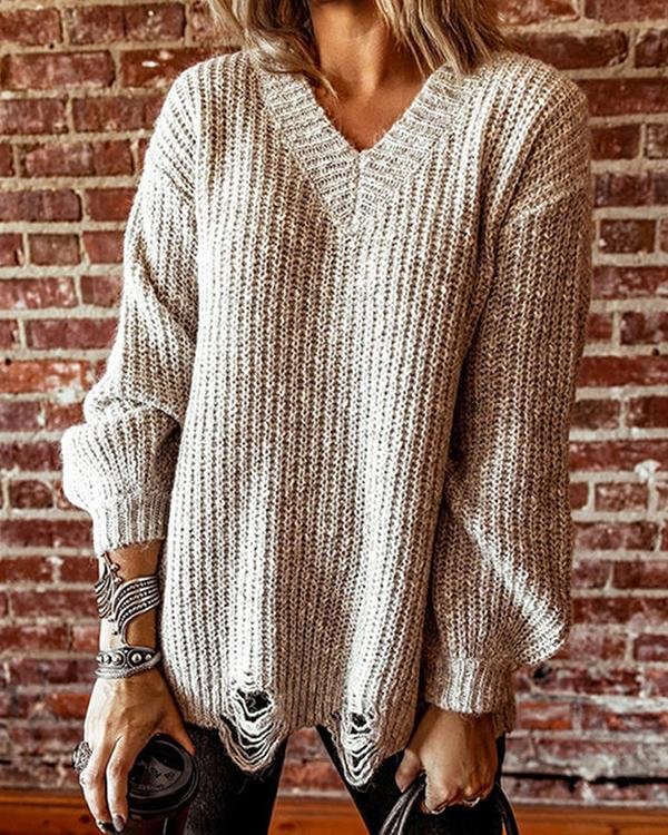 Ripped Knit Long-sleeved Sweater - Chicaggo