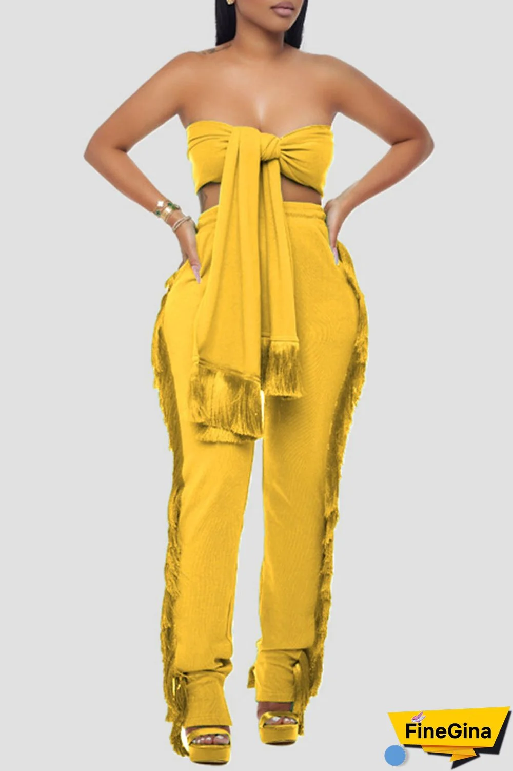 Yellow Sexy Solid Tassel Patchwork Strapless Sleeveless Two Pieces