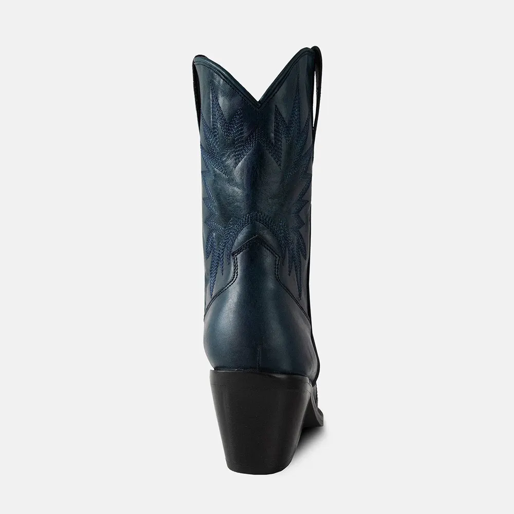Navy Faux Leather Pointed Toe Chunky Heel Embroidered Cowgirl Boots 