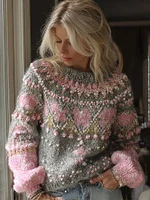 Women's Classic Fairman Island Crochet Pearl Flower Sweater