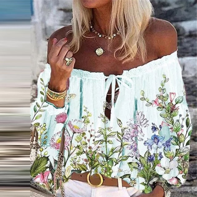 Modelyn Floral Embellished, Studded, Off-Shoulder Flare Sleeve, Pleated Romantic Vacation Elegant Long Convertible Blouse