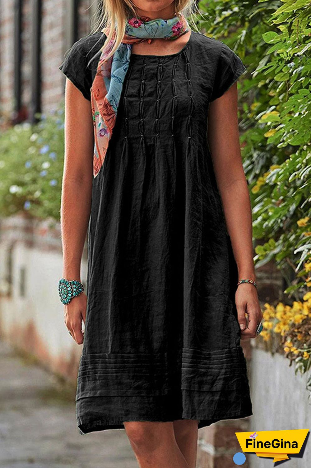 Casual Solid Patchwork U Neck A Line Short Sleeve Dress(7 colors)