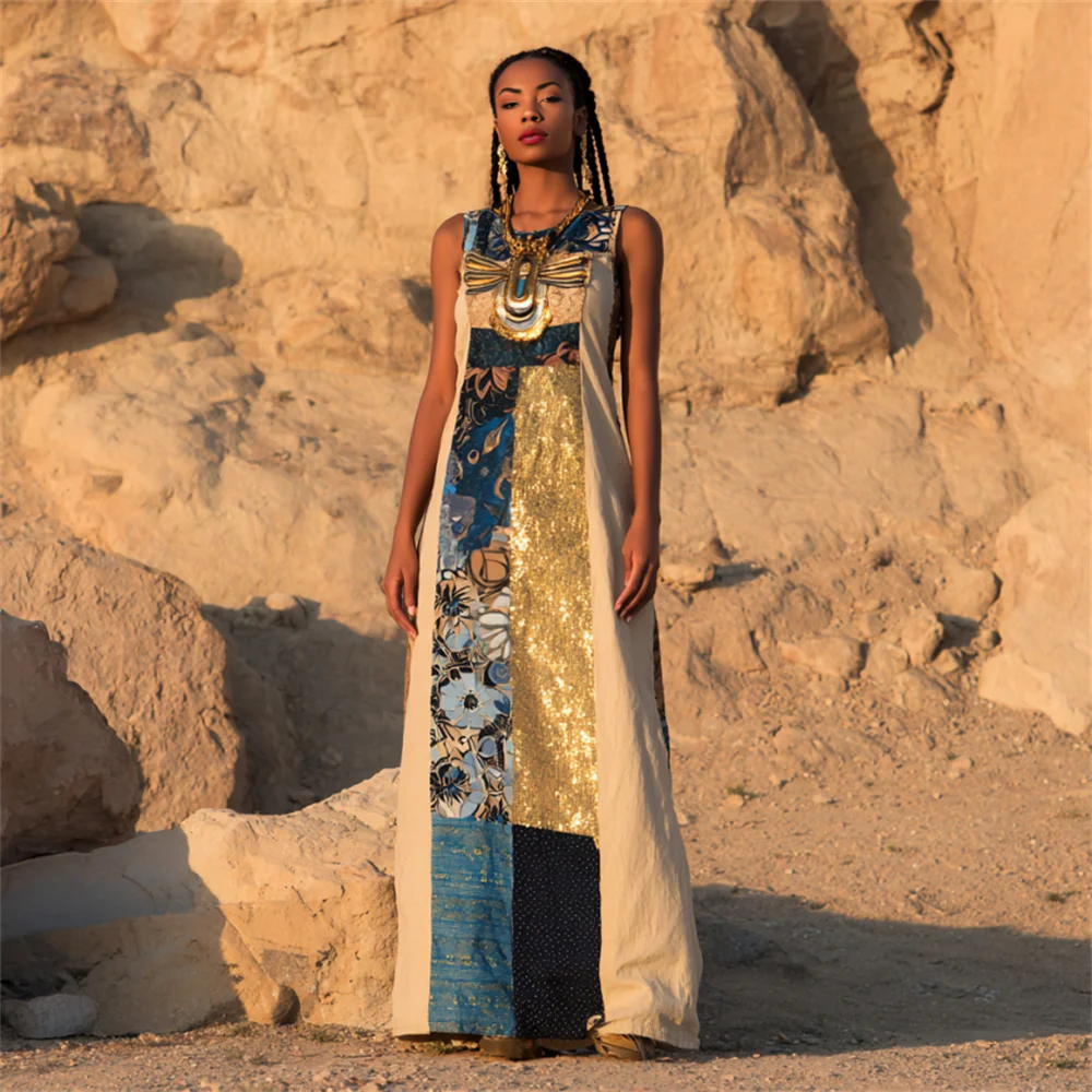 Dragonfly Floral Patchwork Art Women's Linen Round Neck Vest Maxi Dress