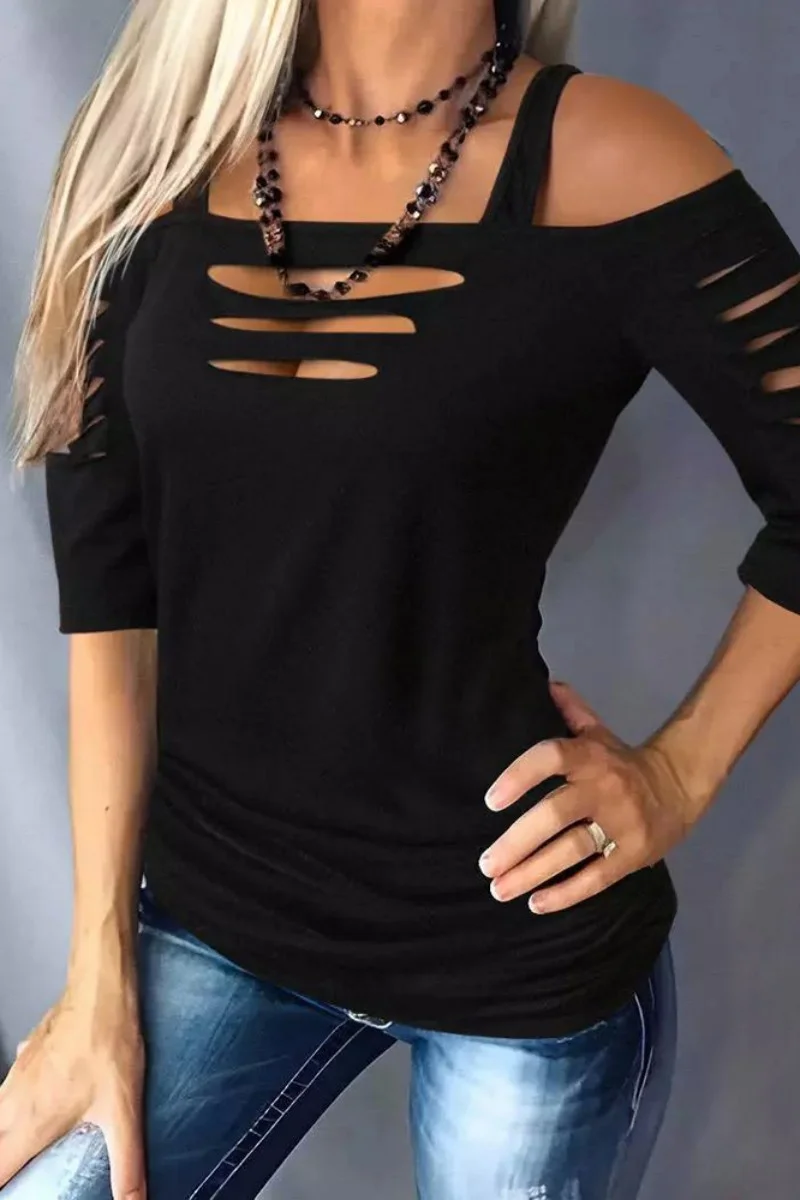 Black Casual Solid Ripped Hollowed Out Off the Shoulder T-Shirts