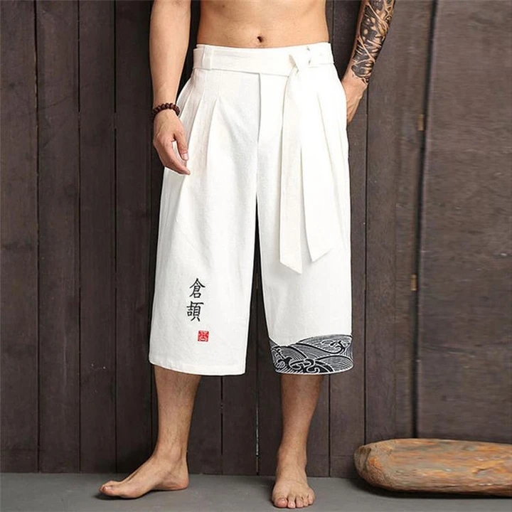 2025 Summer Men Chinse Style Hanfu Traditional Pants Men Asian Bath Pants Male Japan Style Trousers Linen Cropped Pants