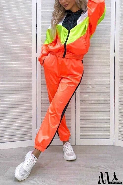 MidiSono - Color Block Zipper Hoodie Pants Set