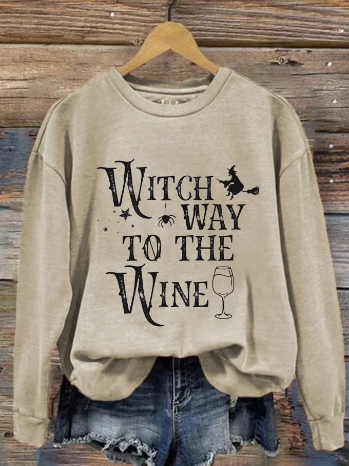 Women's Halloween Witch Way To The Wine Print Sweatshirt socialshop
