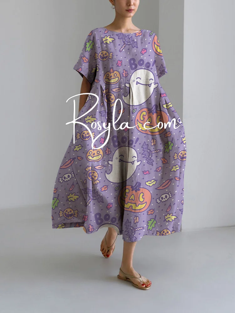 Women's Halloween Ghost Print Loose Round Neck Medium Length Skirt Dress