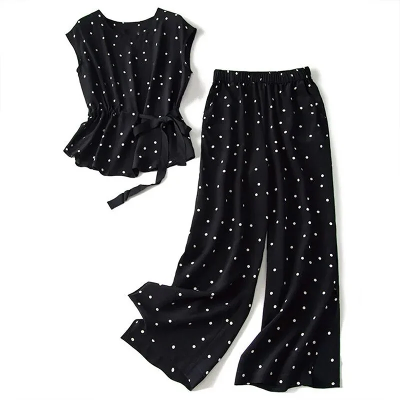 Budgetg black polka dot chiffon two-piece set outifits top and pants women 2022 new summer Korean wide-leg pants light fashion