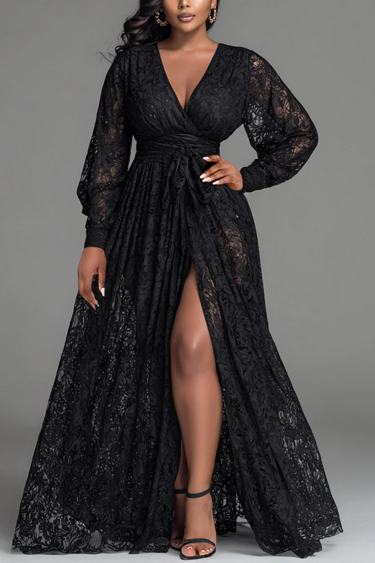 Xpluswear Design Plus Size Wedding Guest Black V Neck Long Sleeve Split Elegant See Through Lace Maxi Dresses [Pre-Order]