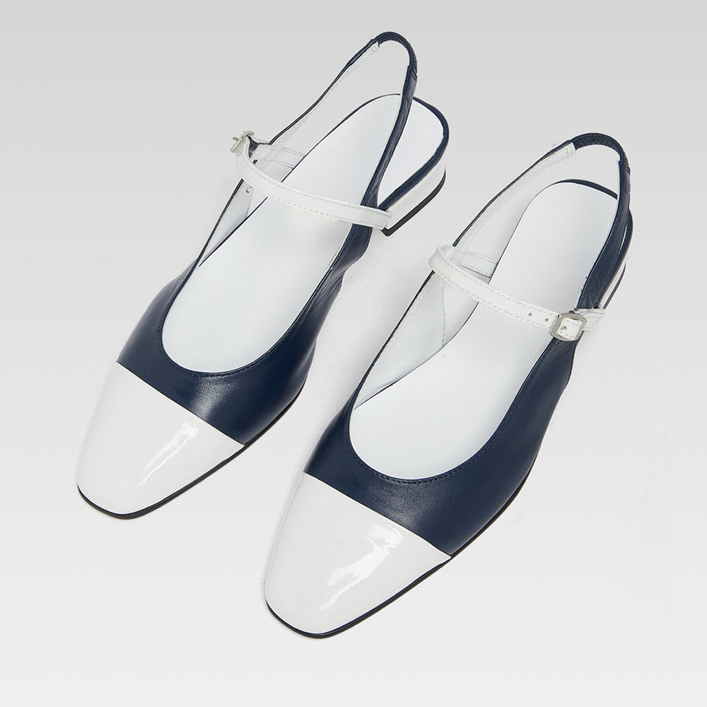 Navy & White Patchwork Buckle Strap Cap Toe Block Heel Slingback Pumps Nicepairs