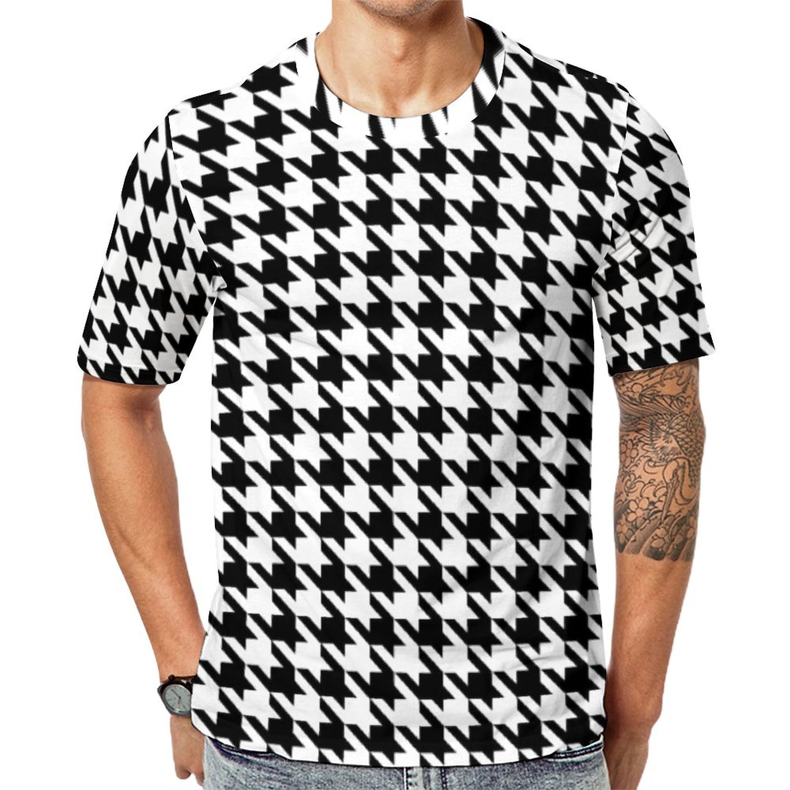Black And White Houndstooth Print Short Sleeve Print Unisex Tshirt Summer Casual Tees for Men and Women Coolcoshirts