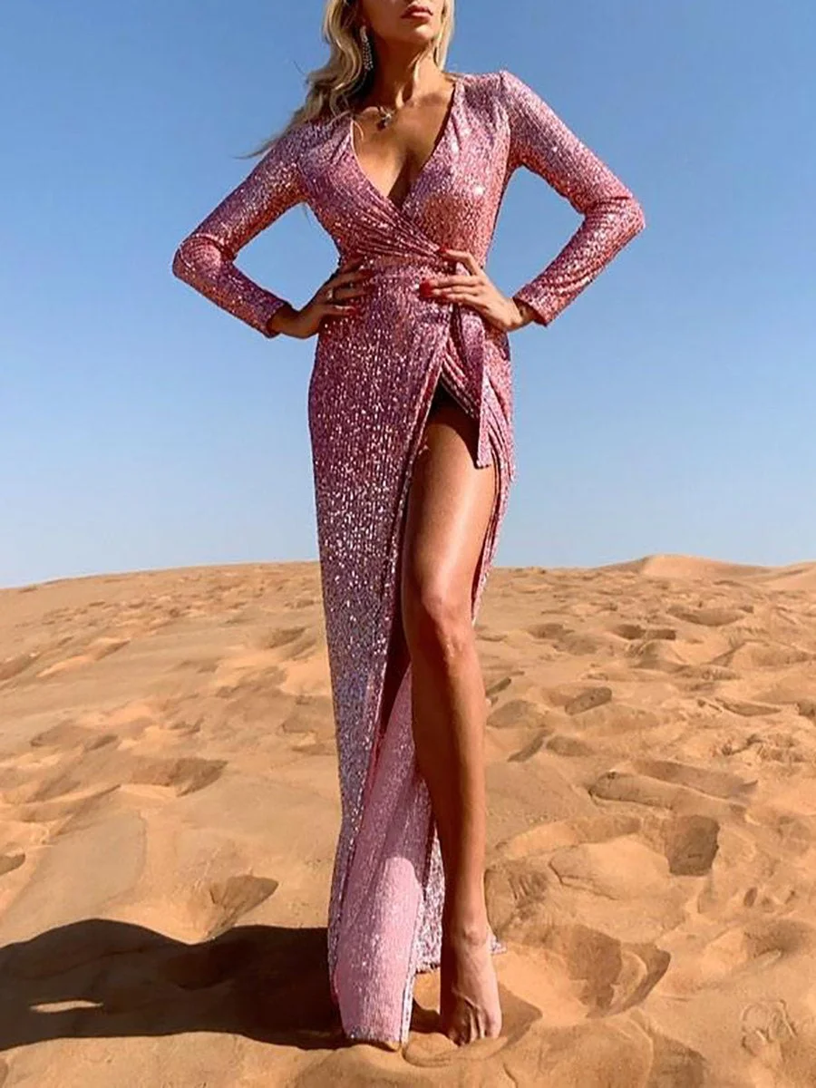 Sexy Deep V Neck Long Sleeve Maxi Dress