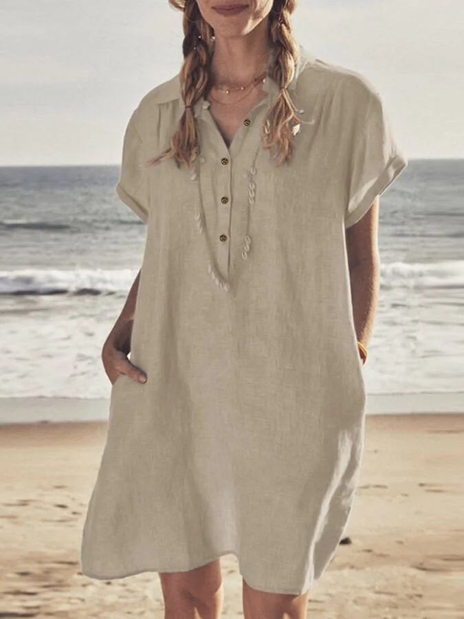 Cotton Linen Shirt Collar Casual Dress