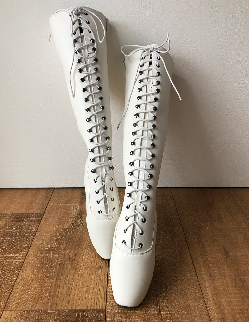 TAAFO POINTE (w/ Zip) Heelless Lace Up Knee High Ballet Fetish Pain Boots White Matte