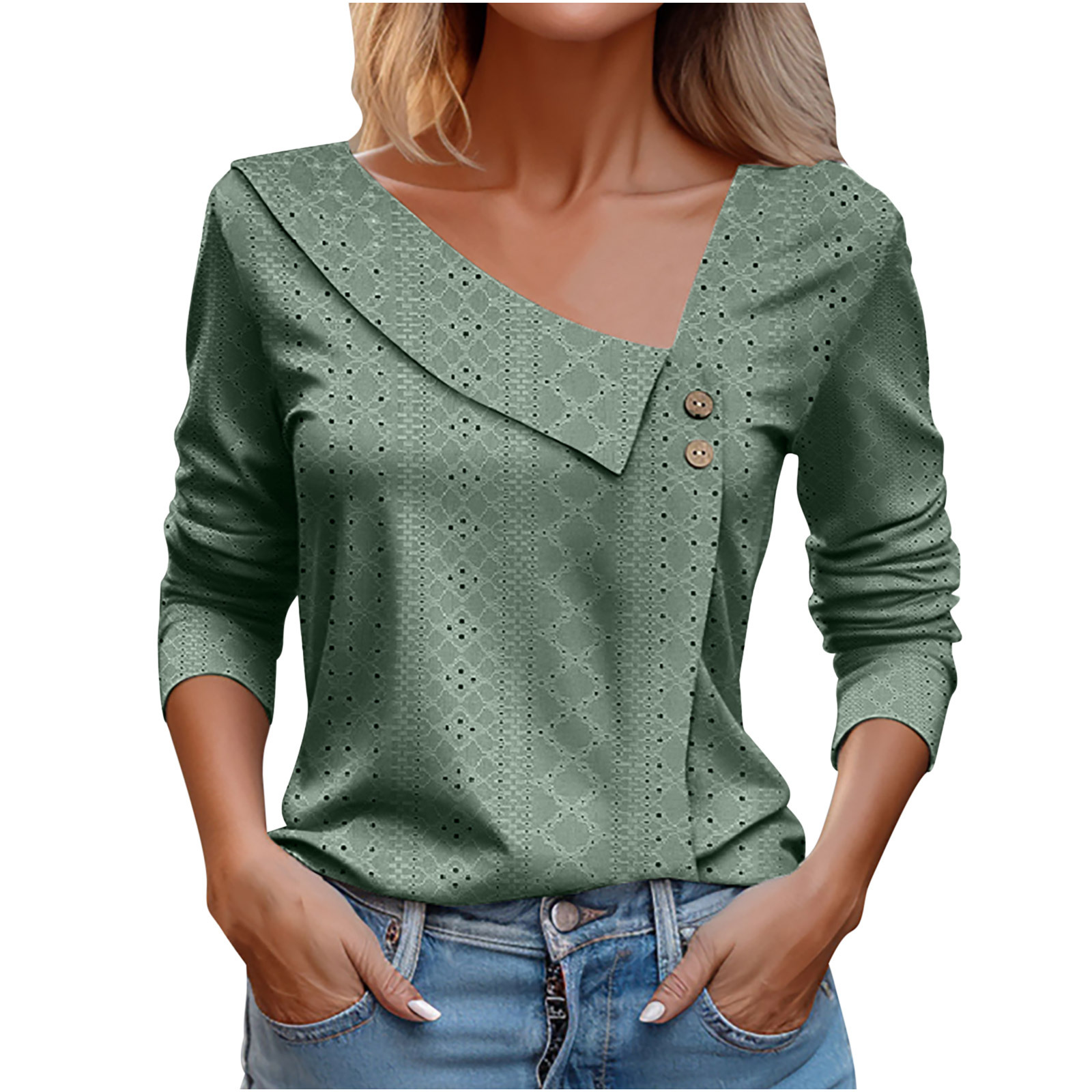 Mature Women Summer New Solid Color And V-neck Button T-shirt Top