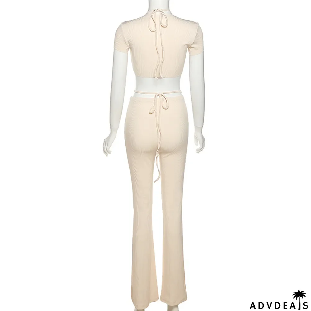 Summer Women's Fashion Halter Neck Sexy Hollow T-Shirt Slim Fit Flare Pants Women Two Piece Set