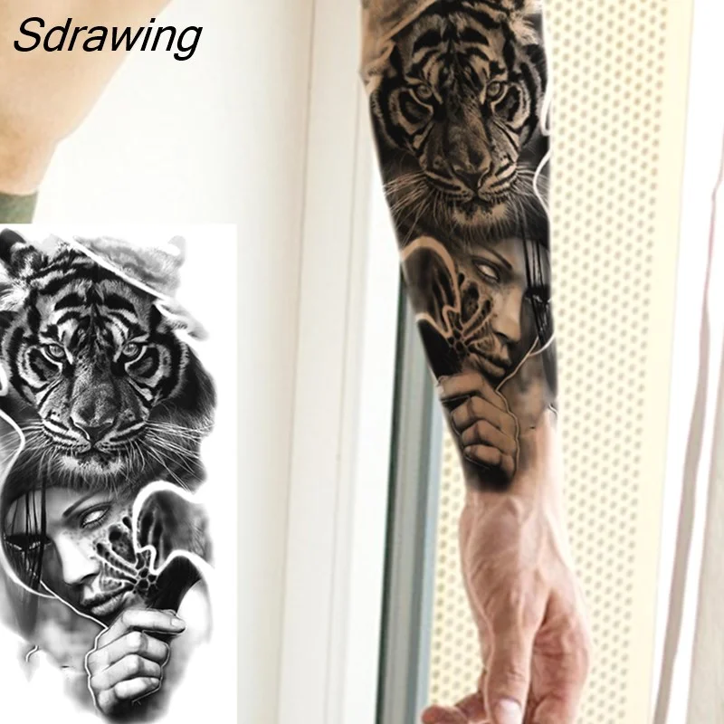 Sdrawing Warrior Punk Skeleton Gangster Rose Flower Temporary Tattoos For Women Men Lion Tiger Skull Rose Fake Tattoo Sexy Arm