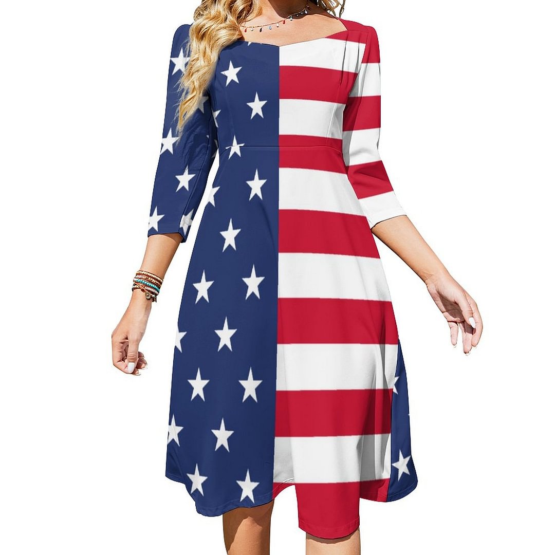 American Flag Half And Half Stars And Stripes Dress Sweetheart Tie Back Flared 3/4 Sleeve Midi Dresses