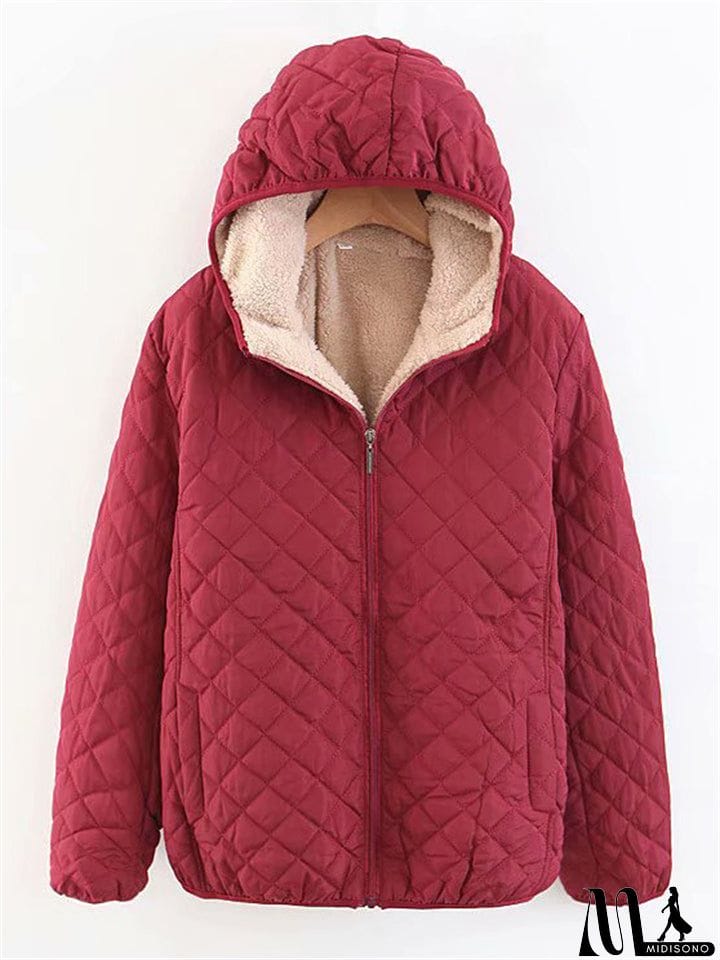 MidiSono - Women's Sports Style Solid Color Plush Liner Short Coat with Hood