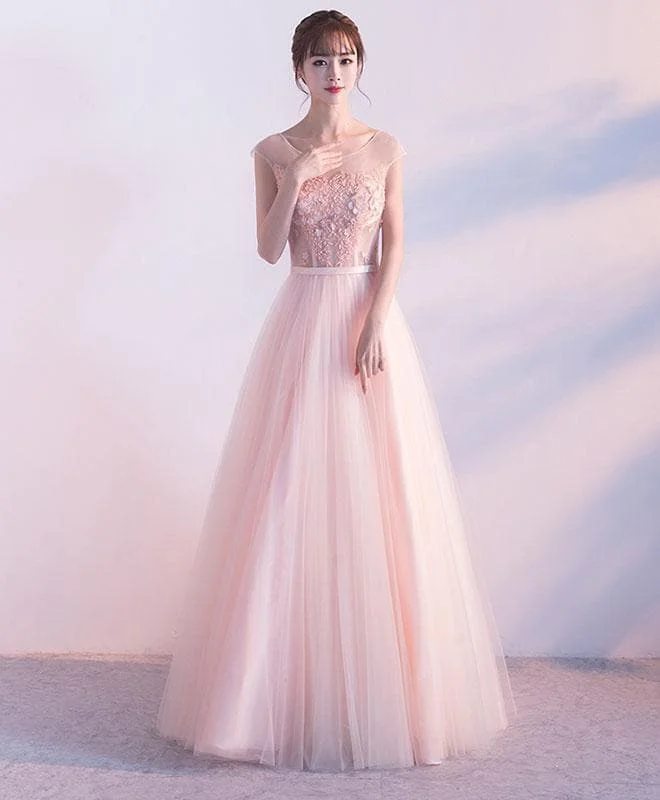 Pink Round Neck Lace Long Prom Dress, Pink Evening Dress