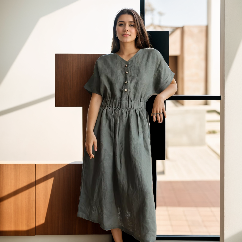 Robe à col en V naturel 100 % lin européen- SOIE PLUS