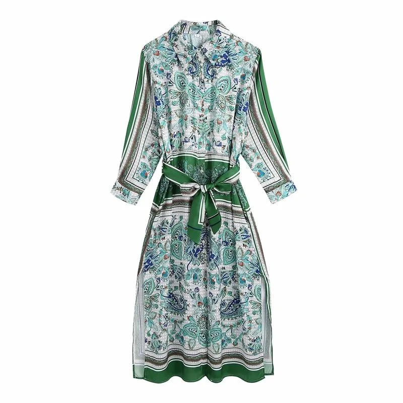 PUWD Casual Women Turn-down Collar Dress 2021 Spring-autumn Fashion Ladies Chinese Style Dress Female Printed Dress