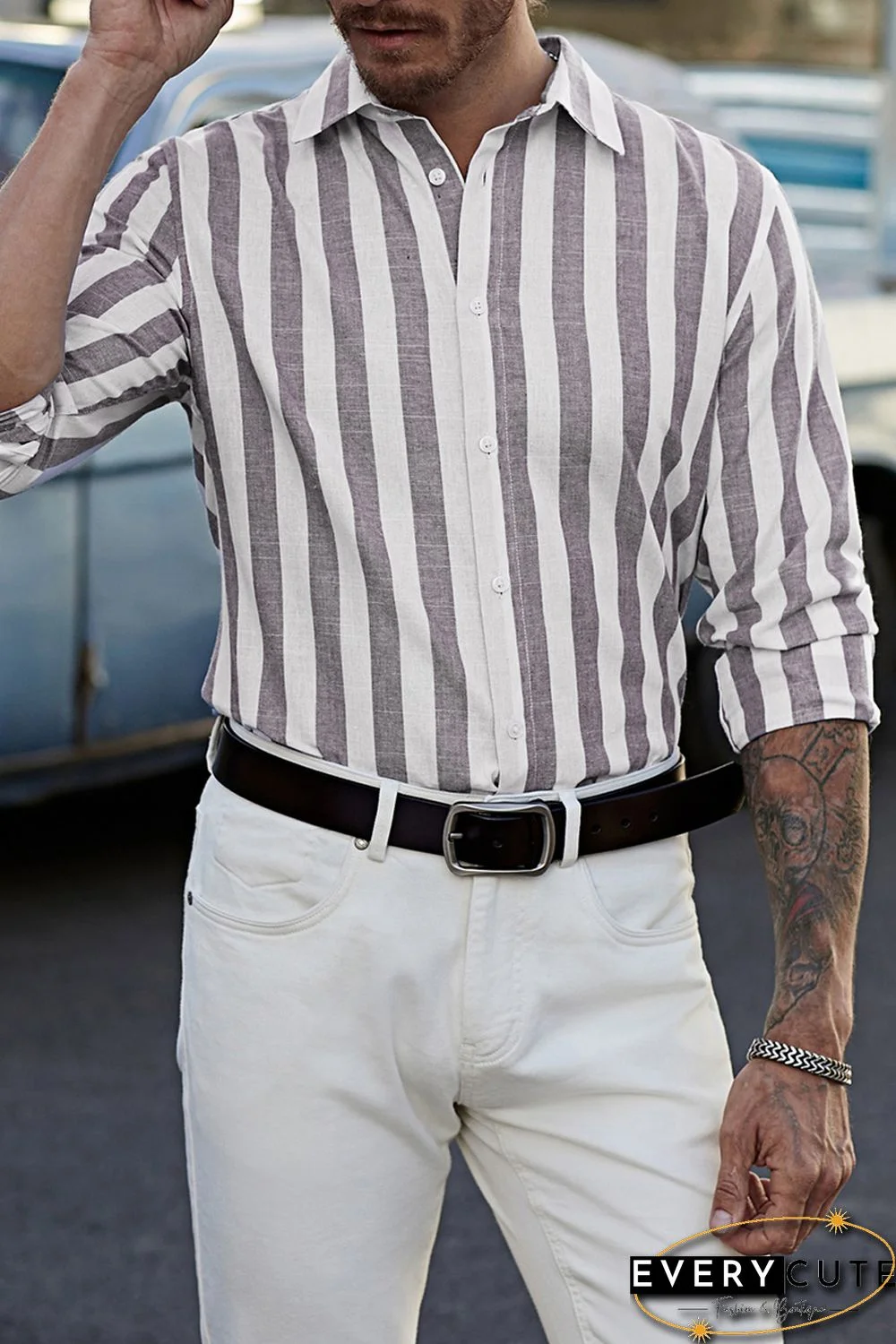 Striped Print Buttons Men's Long Sleeve Shirt